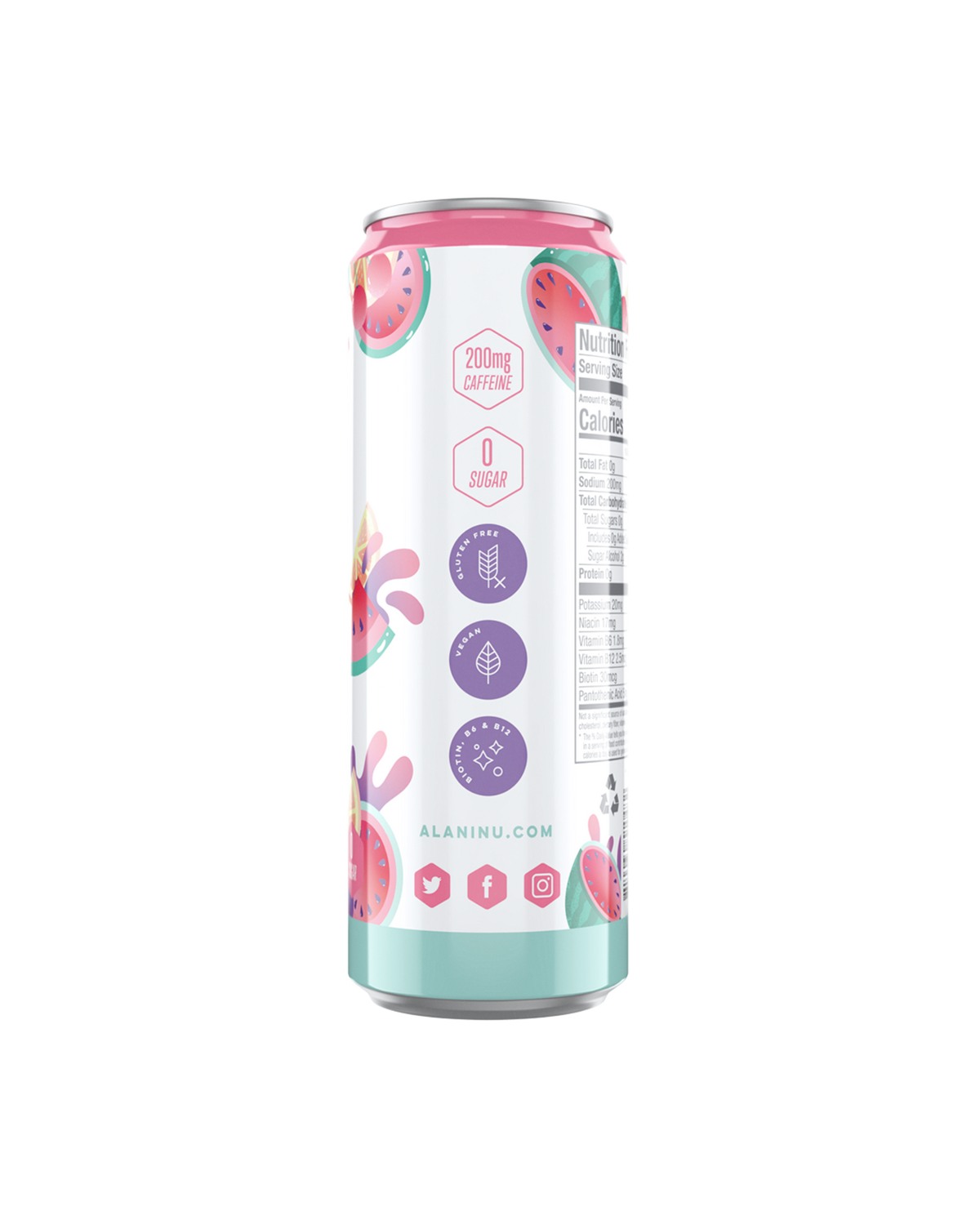 A side view of Energy Drink in Watermelon Wave flavor showcasing details of product.