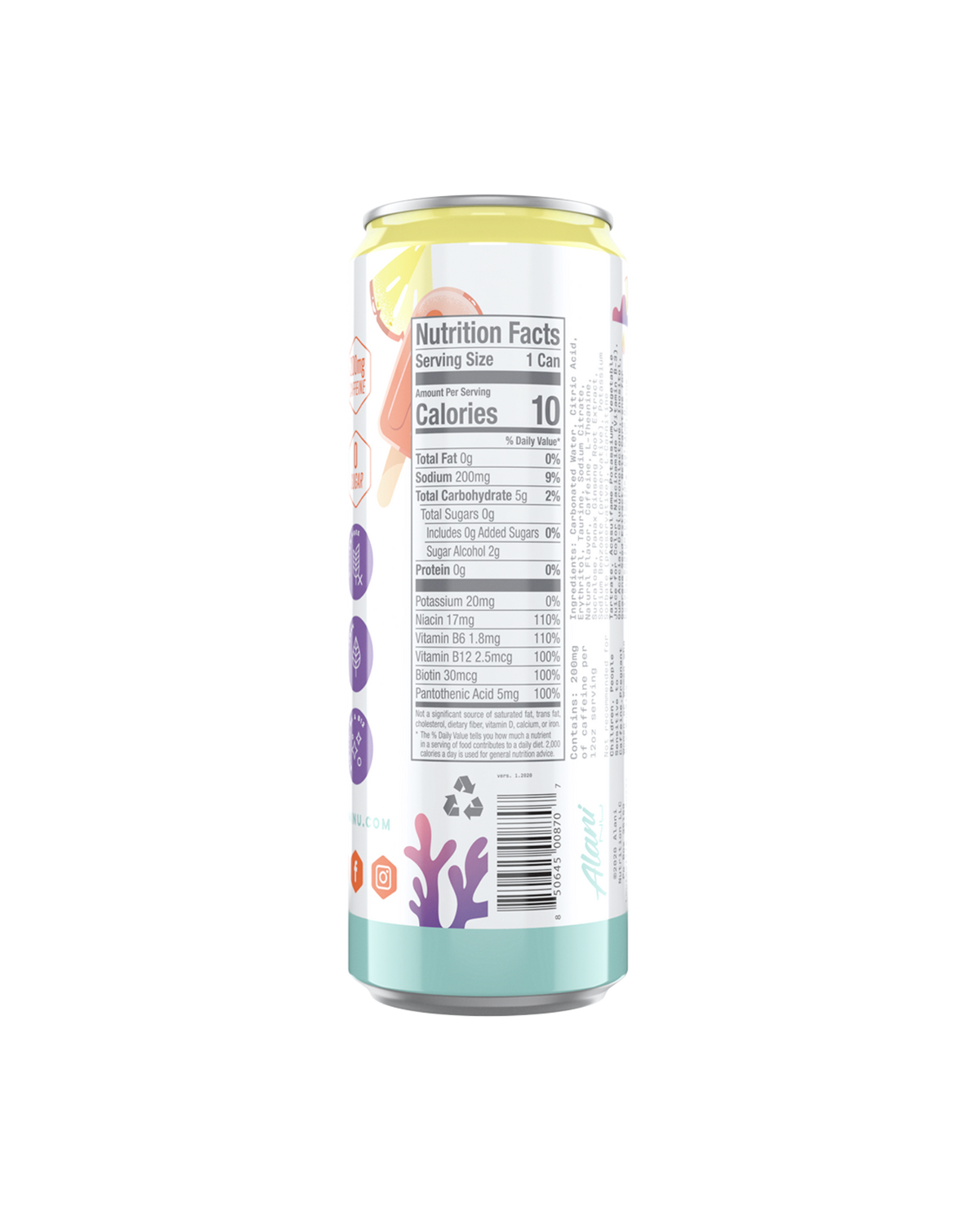 A back view of energy drink in tropsicle flavor highlighting nutrition facts.