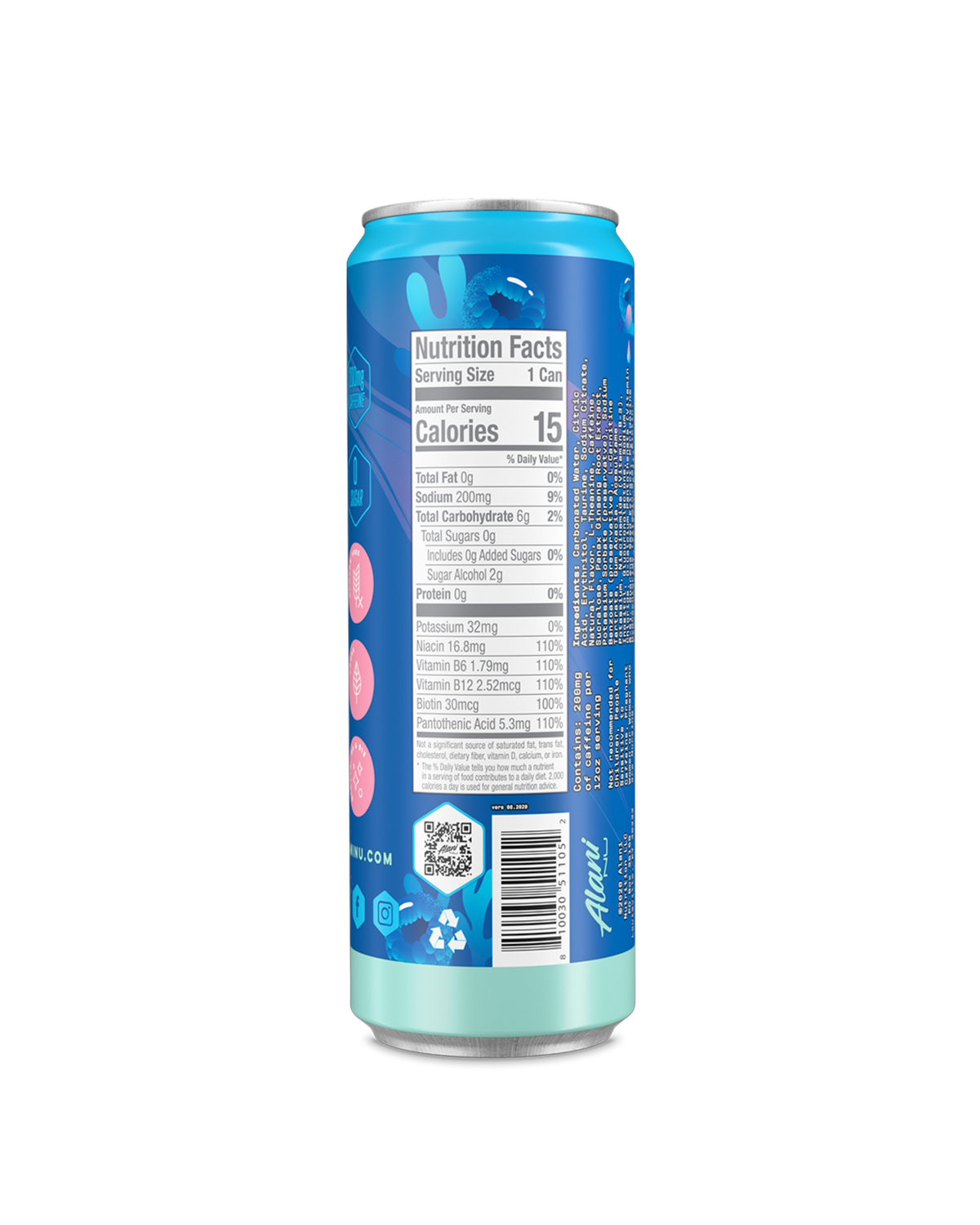 A back view Energy Drink in Breezeberry flavor highlighting nutrition facts.