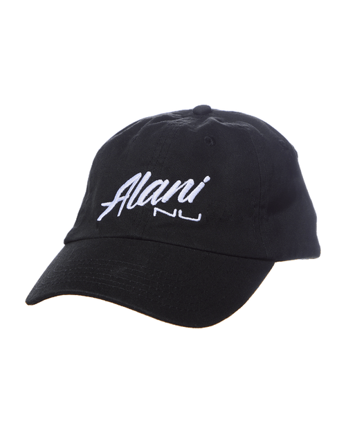 A black Alani Nu Dad Hat with the word Alani Nu written on it.