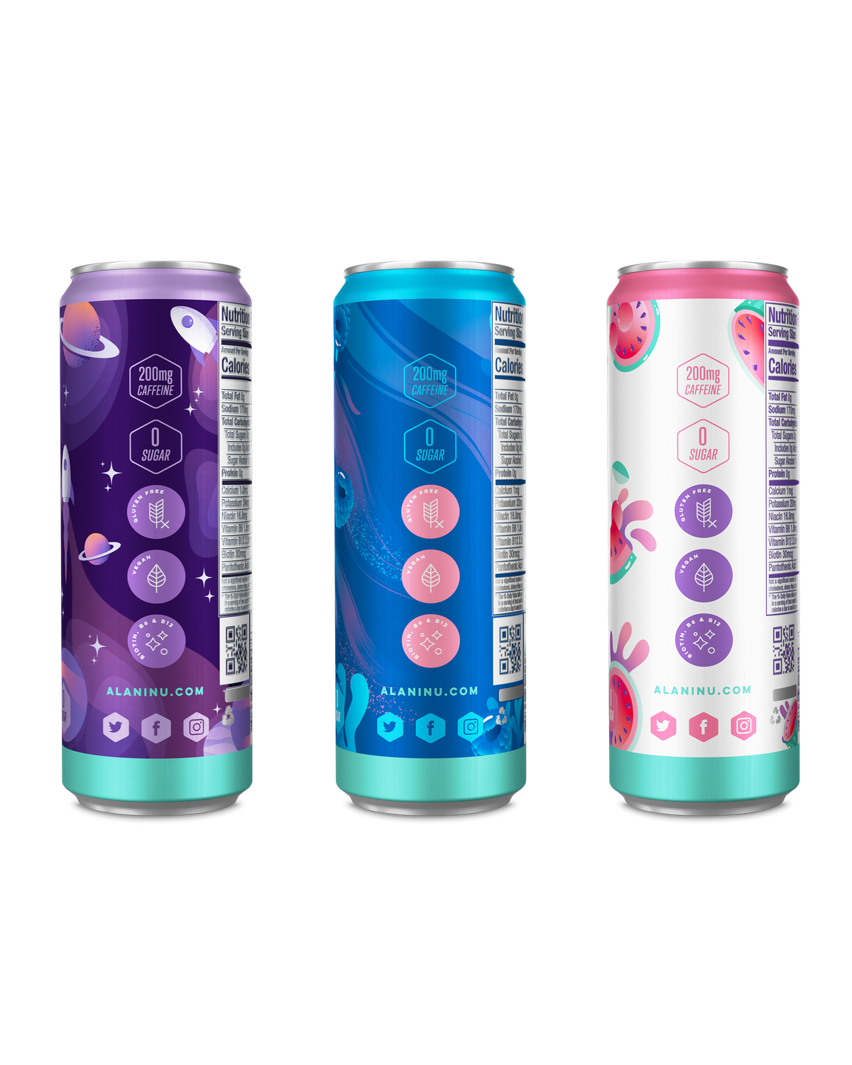 A side view of energy drinks in Fruit Blast showcasing product details.